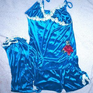 Blue satin pajama set with floral detail